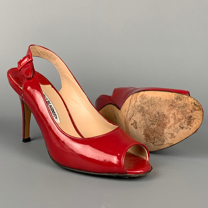 MANOLO BLAHNIK Size 6 Red Patent Leather Slingback Peep Toe Sandals