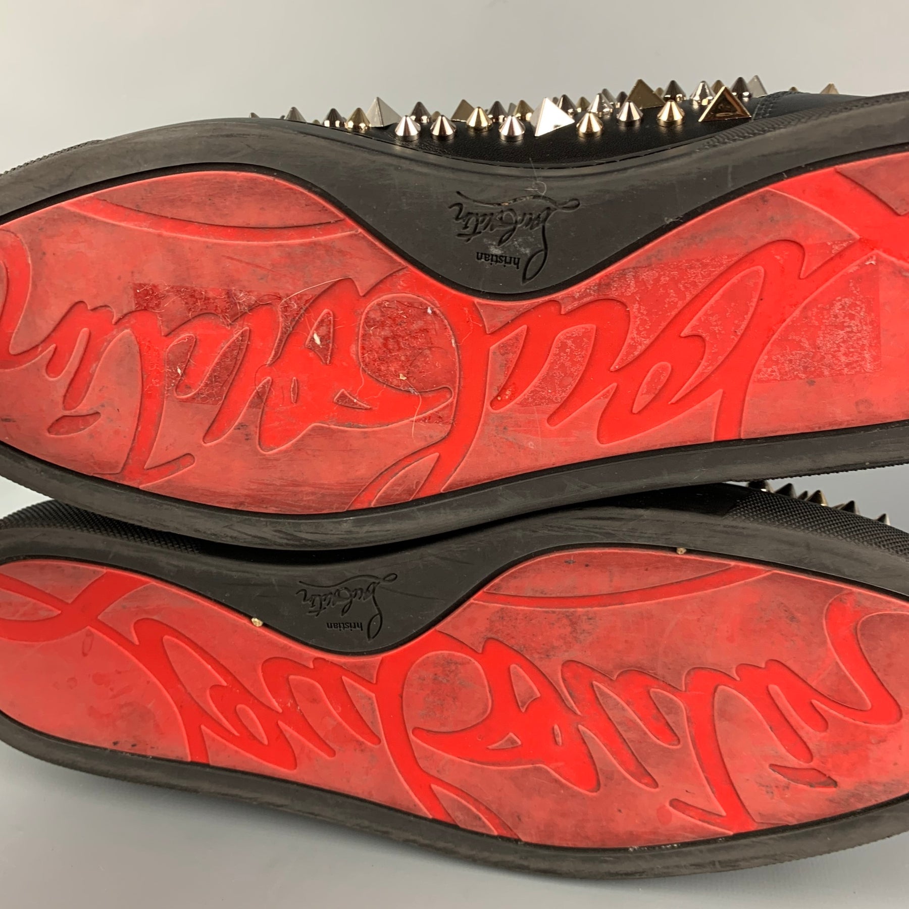 Christian Louboutin, Shoes, Christian Louboutin Flat Calflaminato Dino  Spikes Size 465 Black And Gold