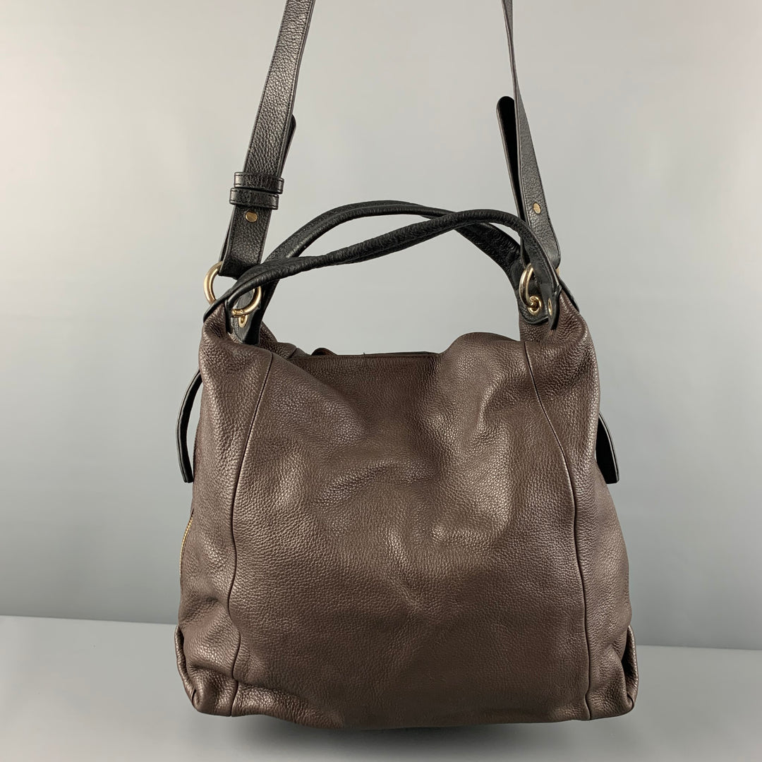 FURLA Brown Black Pebble Grain Leather Hobo Handbag