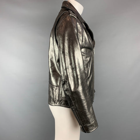 MARC by MARC JACOBS Talla 40 Chaqueta motera de cuero metalizado plateado
