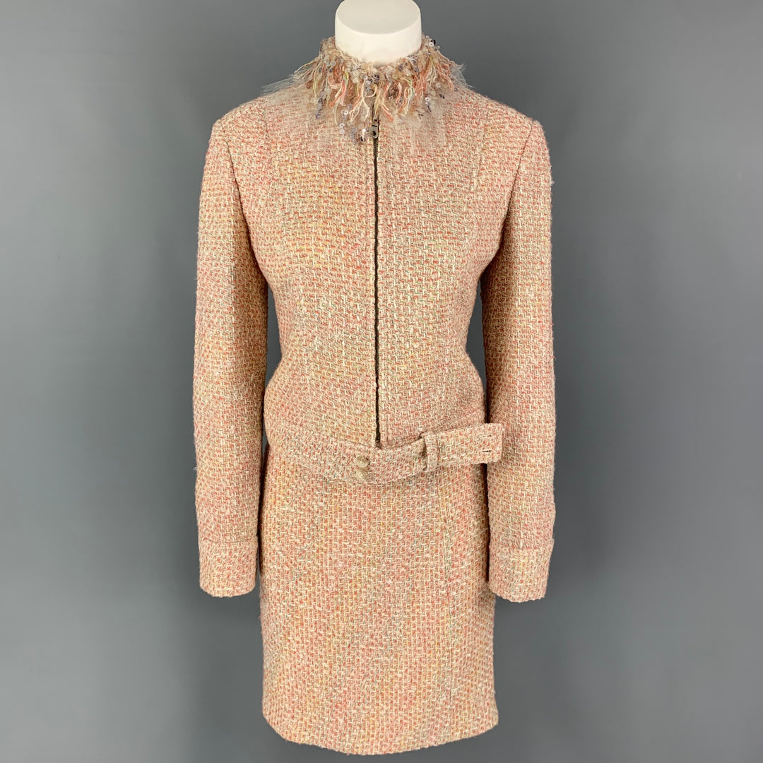 MONIQUE LHUILLIER Size 6 Beige Salmon Viscose Blend Tweed Zip Up 