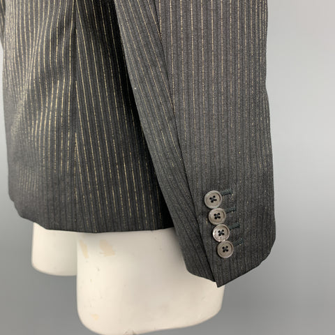ALEXANDER MCQUEEN Size 44 Charcoal & Gold Striped Shiny Peak Lapel Sport Coat