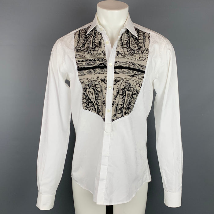 ETRO Size S White & Taupe Mixed Fabrics Cotton Button Up Long Sleeve Shirt