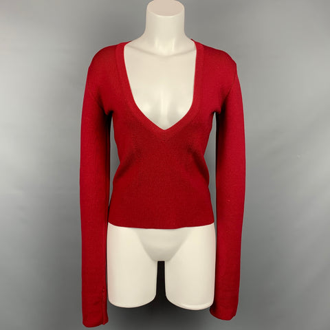 DSQUARED2 Size M Red Ribbed Wool Deep V-neck Pullover