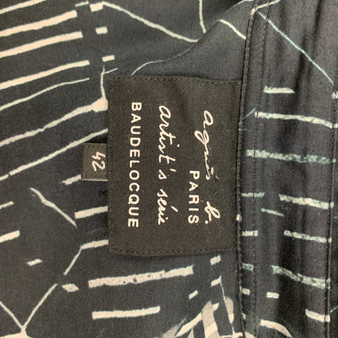 AGNÈS B. Baudelocque Size L Navy Print Cotton Button Up White Long Sleeve Shirt