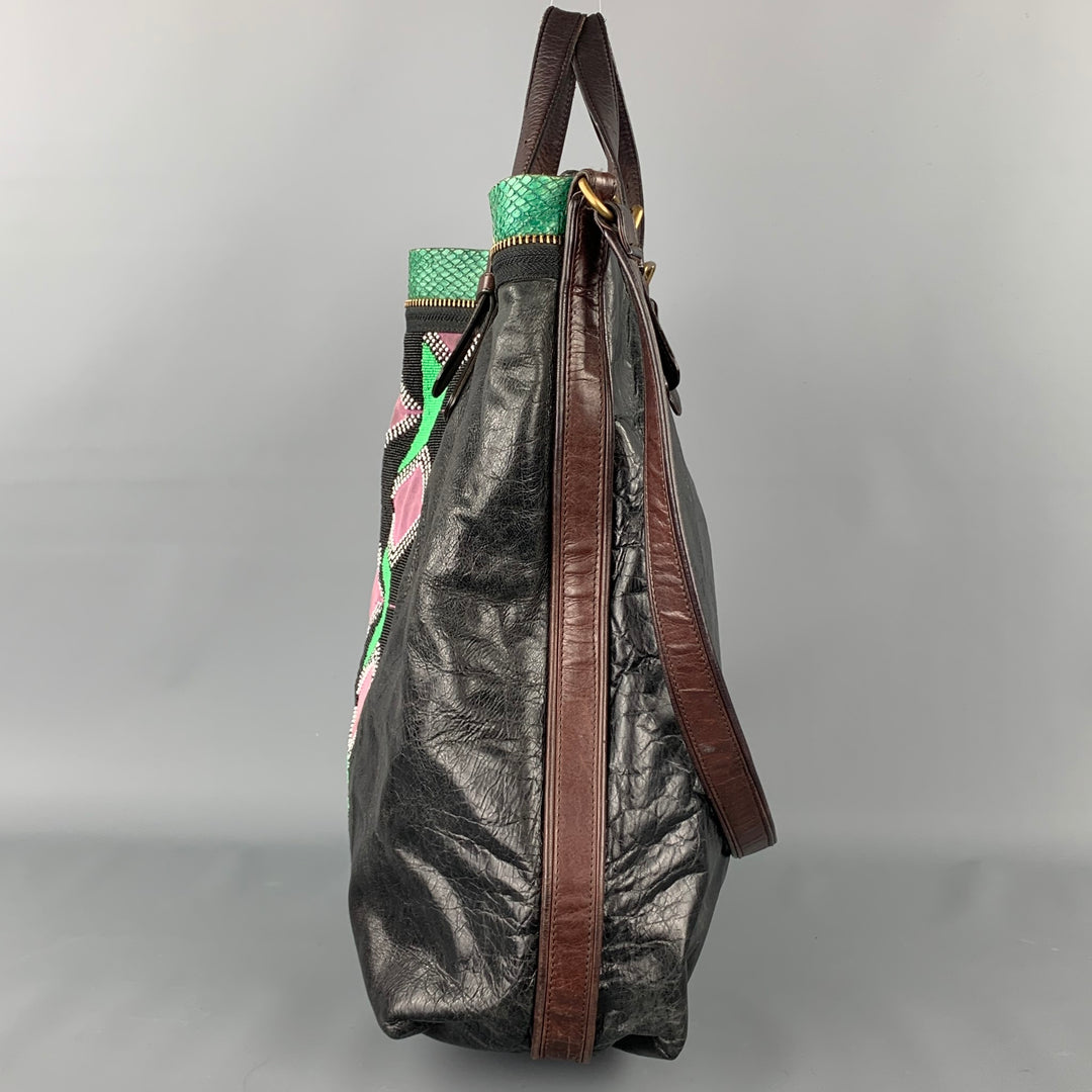 DRIES VAN NOTEN Brown & Green Patchwork Beaded Leather Handbag