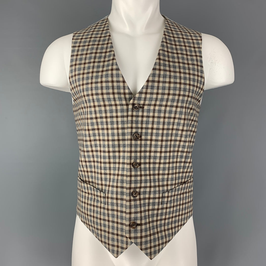 BROOKS BROTHERS Talla 42 Chaleco de lana a cuadros gris y beige (interior)