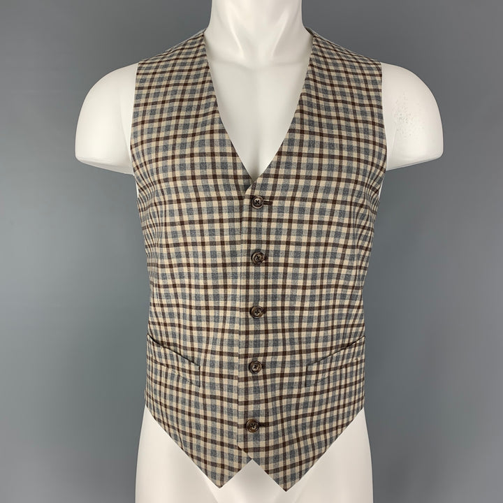 BROOKS BROTHERS Talla 42 Chaleco de lana a cuadros gris y beige (interior)