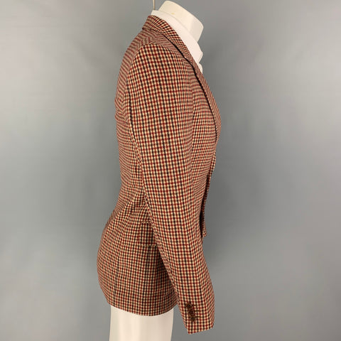 Vintage VALENTINO Size 34 Tan Burgundy Brown Plaid Wool Notch Lapel Sport Coat