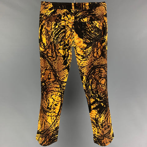 JUST CAVALLI Size 29 Yellow Black Graphic Print Cotton Zip Casual Pants