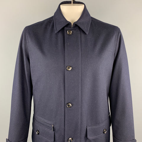 ERMENEGILDO ZEGNA Size 42 Navy Pinstripe Wool Zip & Buttons Coat