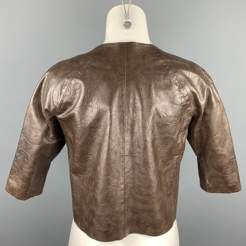 CHAIKEN Size S Brown Floral Embossed Leather Open Front Jacket