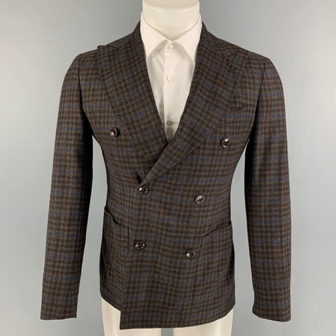 TAGLIATORE Size 34 Brown Navy Plaid Virgin Wool Double Breasted Sport Coat