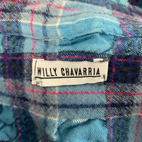 WILLY CHAVARRIA Size M Burgundy Navy Plaid Wrinkled Long Sleeve Shirt