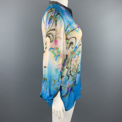 ETRO Size 12 Blue Paisley Print Silk Chiffon Blouse
