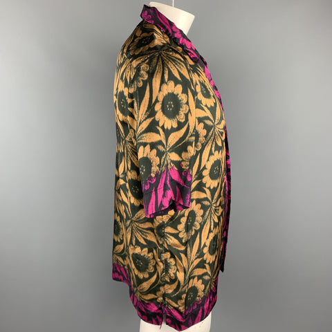 DRIES VAN NOTEN Size L Black & Gold Floral Viscose Camp Short Sleeve Shirt