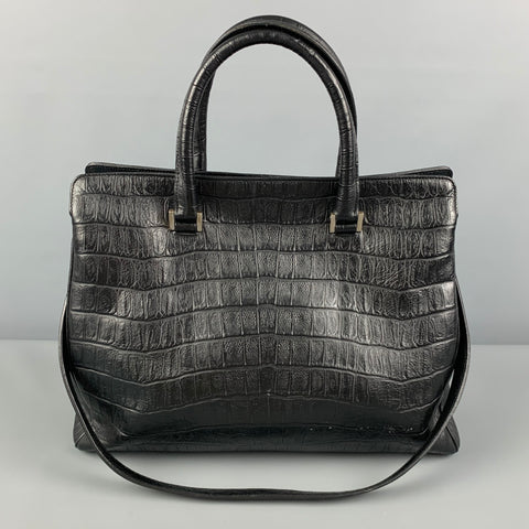SAINT LAURENT Black Embossed Alligator Tote Handbag