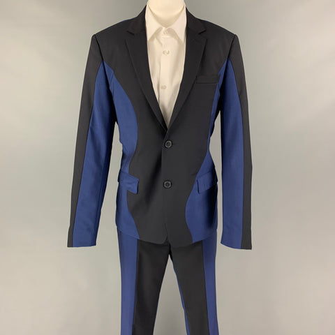 KENZO Size 38 Navy Blue Color Block Wool Mohair Notch Lapel Suit