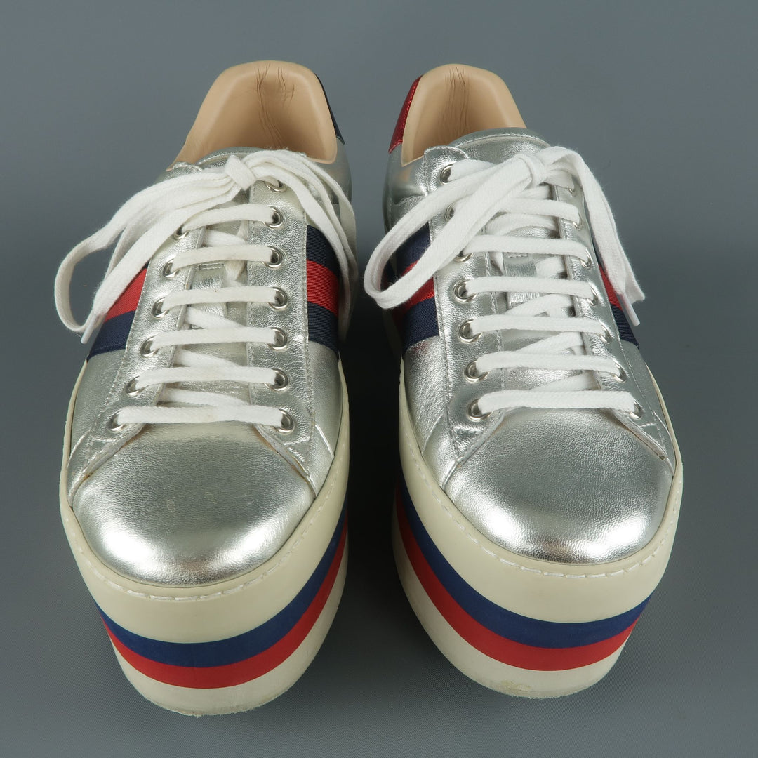 GUCCI US 8 / UK 7 Silver Metallic Leather Striped Platform Sneakers