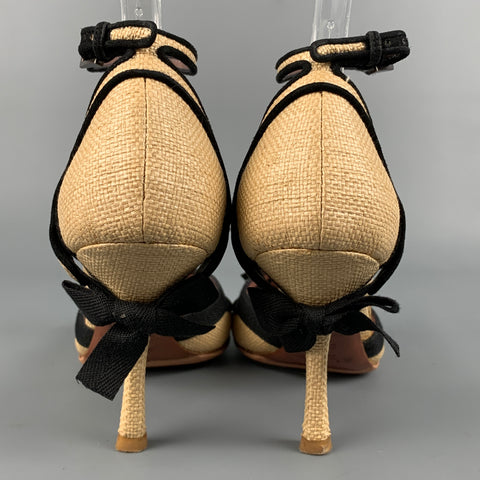 ALAIA Talla 5.5 Zapatos de tacón con lazo texturizado de paja natural y negro