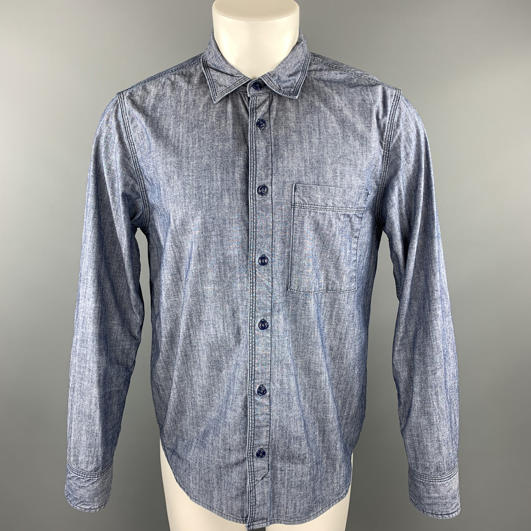 HOME WORK Talla M Camisa de manga larga con botones de algodón con puntadas en contraste azul