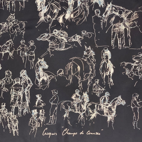 HERMES Champs de Courses by Hubert de Watrigant 2007 Black & White Equestrian Silk Scarf
