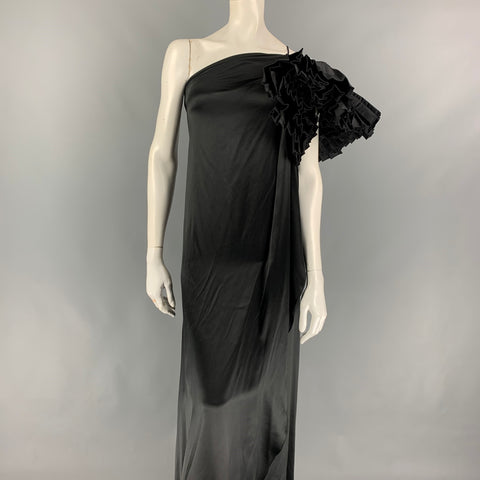 MARC JACOBS Size 0 Black Silk Ruffle Sleeve Asymmetrical Gown