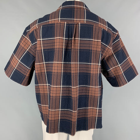 LE17SEPTEMBRE Size L Navy Brown Plaid Cotton Camp Short Sleeve Shirt