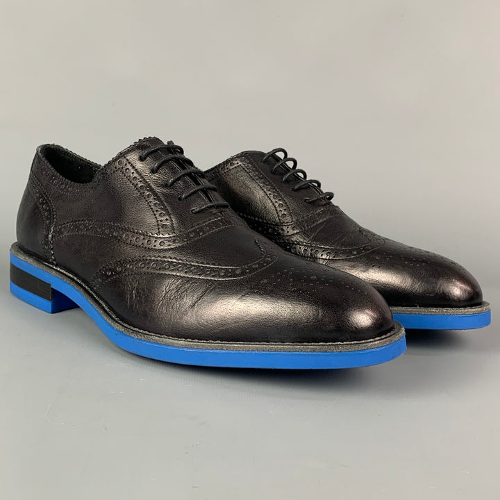 PAUL SMITH Size 10 Black Royal Blue Perforated Leather Wingtip Lace Up Shoes