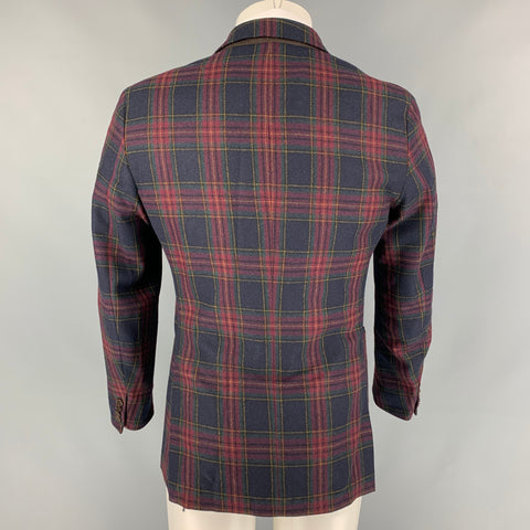 CANTARELLI Size 36 Burgundy & Navy Plaid Virgin Wool Blend Sport Coat