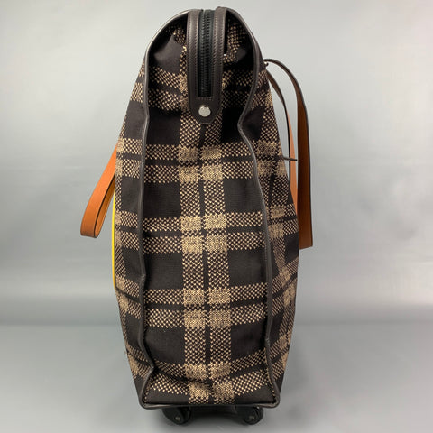 FENDI Brown & Yellow Plaid Canvas Leather Yellow Roller Luggage Travel Bag