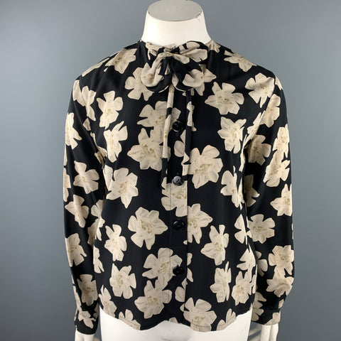 VINTAGE Taille L Blouse boutonnée florale noire et blanche
