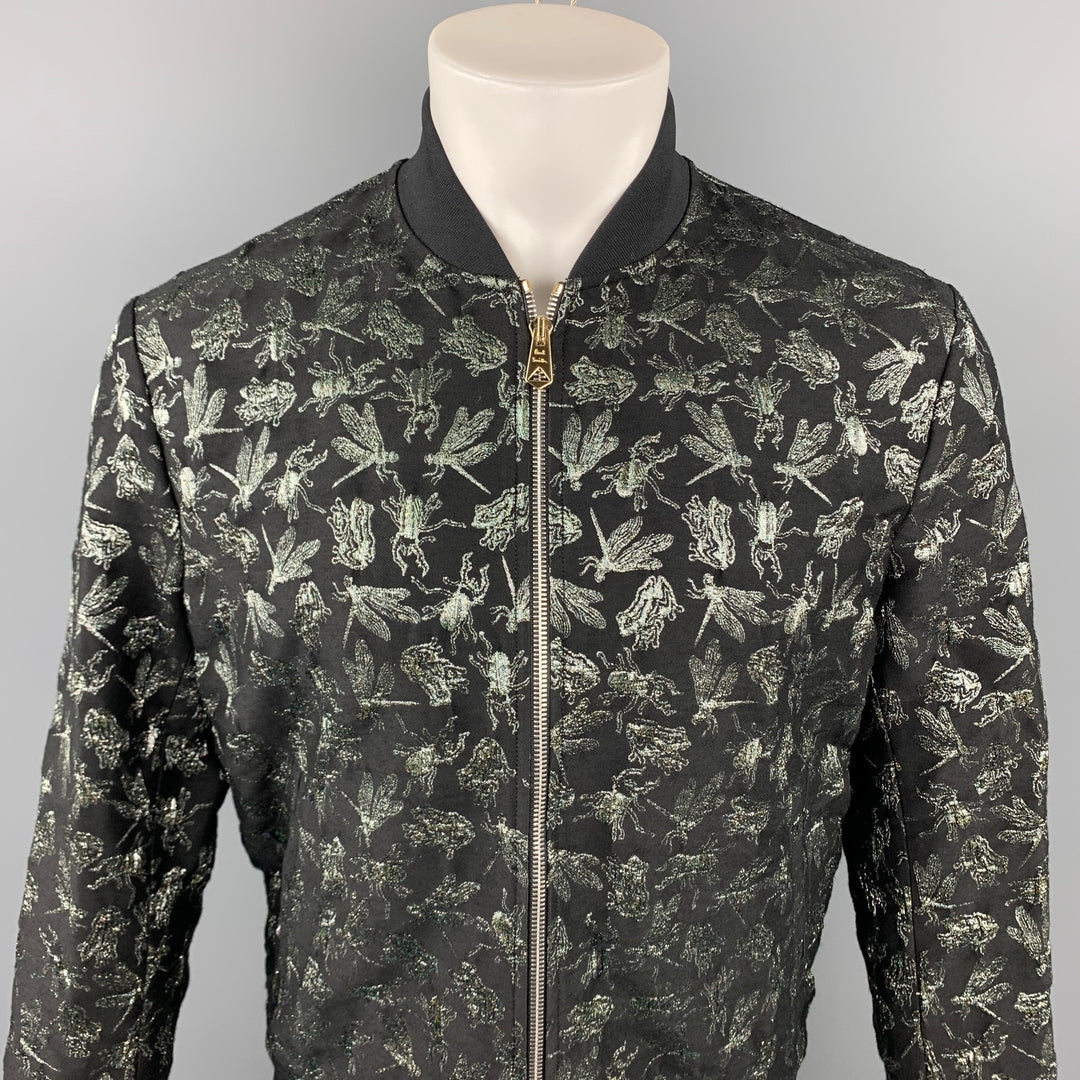 PAUL SMITH Dreamer Size L Black & Silver Jacquard Wool Blend Zip Up Bomber Jacket