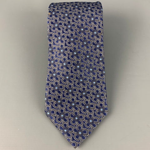 ERMENEGILDO ZEGNA Navy Cream Abstrack Floral Silk Tie
