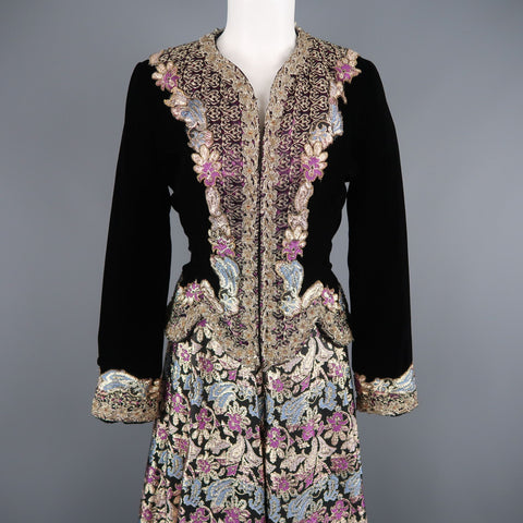 Vintage VICTOR COSTA Size US 8 Black Velvet & Gold Damask Jacket & Skirt