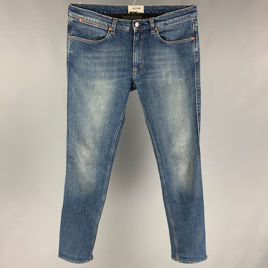 ACNE STUDIOS Size 33 Blue Contrast Stitch Cotton Polyurethane Straight Jeans