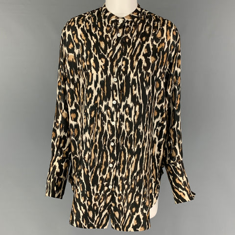 CALVIN KLEIN 205W39NYC Size S Black Brown Silk Leopard Nehru Collar Shirt