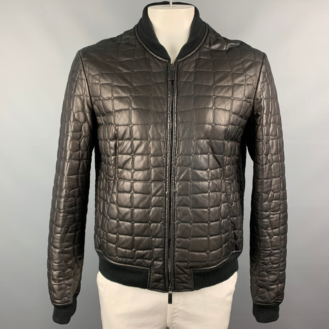 GIORGIO ARMANI Size 46 Black Quilted Leather Zip Up Bomber Jacket
