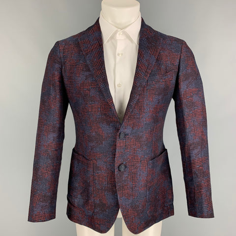 TAGLIATORE Size 38 Navy Burgundy Linen Cotton Notch Lapel Sport Coat