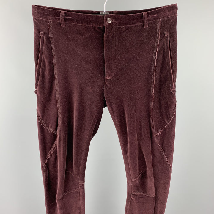 LANVIN Size 32 Burgundy Solid Cotton Velvet Zip Up Casual Pants