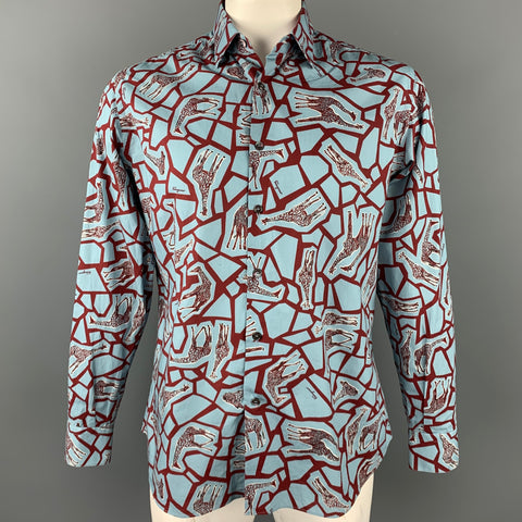 SALVATORE FERRAGAMO Size L Blue & Burgundy Giraffe Print Cotton Long Sleeve Shirt