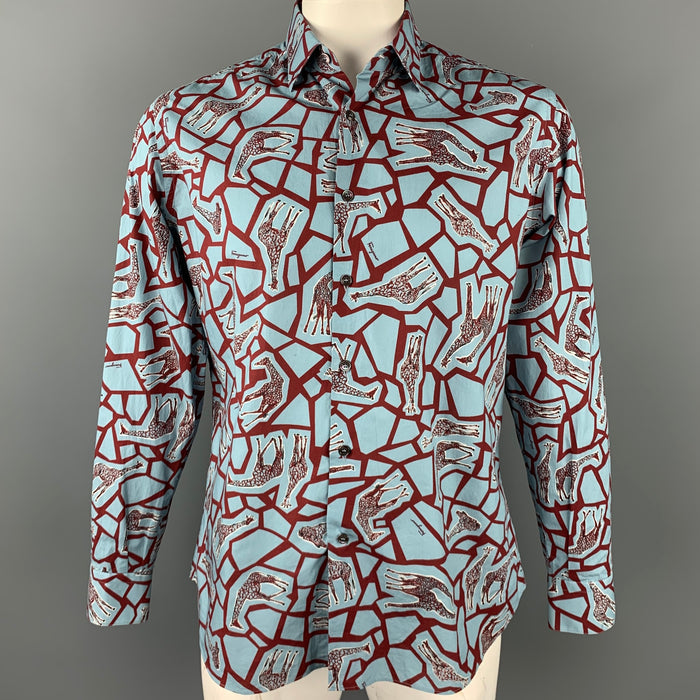 SALVATORE FERRAGAMO Size L Blue & Burgundy Giraffe Print Cotton Long Sleeve Shirt