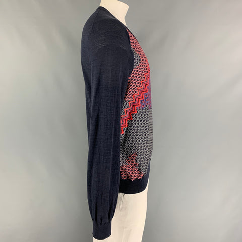 LANVIN Size XL Navy Red Cotton Nylon V-Neck Pullover