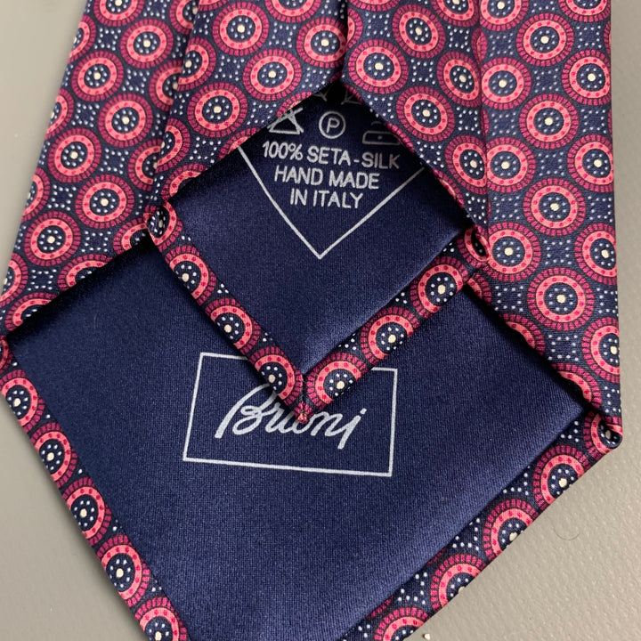 BRIONI Burgundy & Navy Circle Print Silk Tie