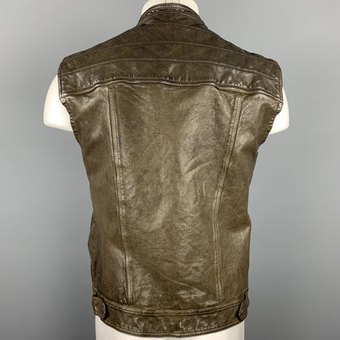 NEIL BARRETT Size S Brown 'Military' Camo Lining Distressed Leather Vest