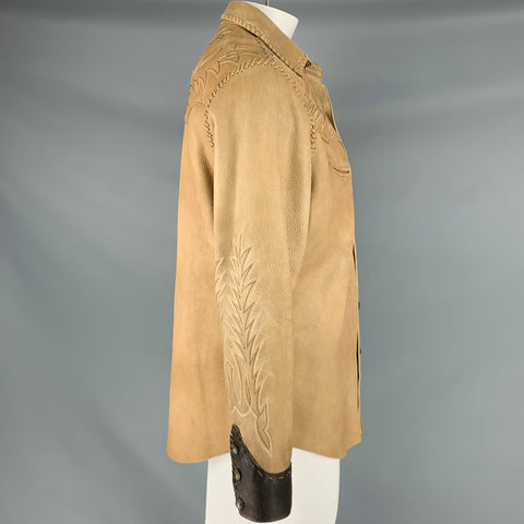 RALPH LAUREN Size L Tan Brown Embroidery Leather Western Long Sleeve Shirt