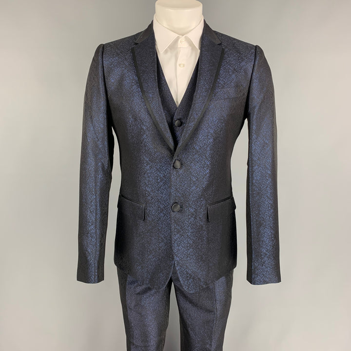DOLCE & GABBANA Size 38 Regular Dark Blue & Black Sparkle Polyester / Viscose 3 Piece Tuxedo Suit