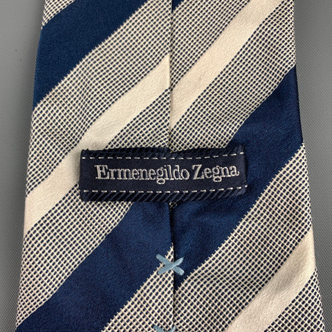ERMENEGILDO ZEGNA Navy & White Diagonal Stripe Silk / Cotton Tie