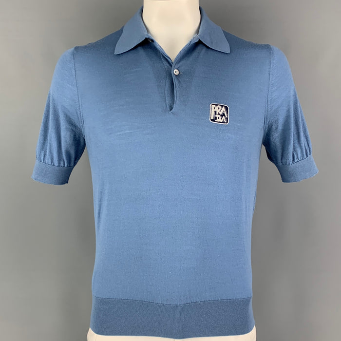 PRADA Size L Blue Knitted Wool Buttoned Polo