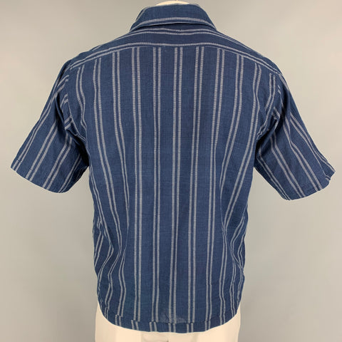 HOME RUN Size L Indigo & White Stripe Cotton Button Up Short Sleeve Shirt